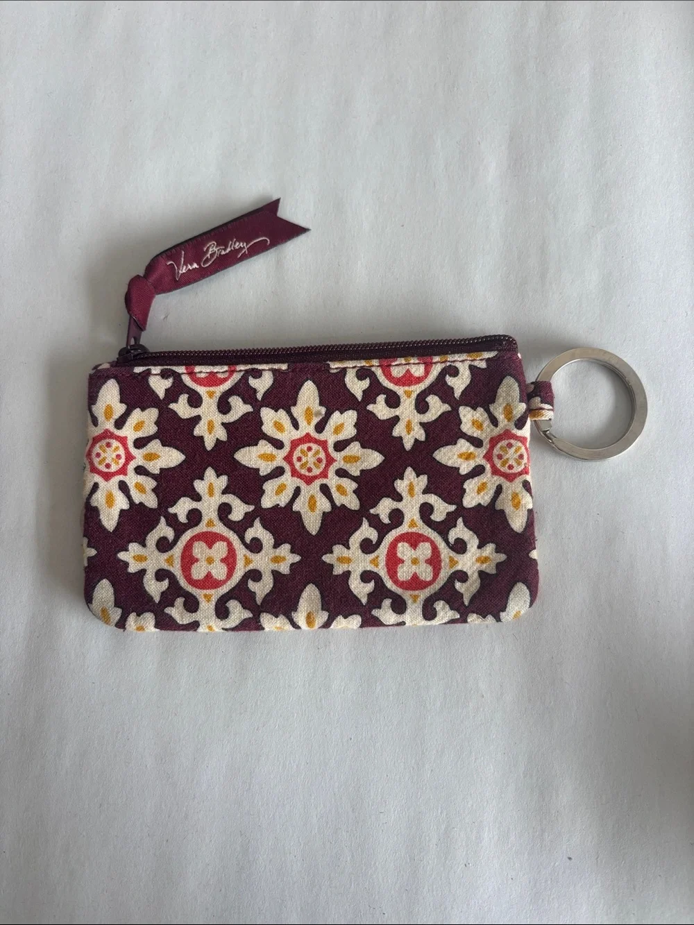 Vera Bradley Maroon Floral ID Zip Wallet with Key Ring - Picture 2 of 6